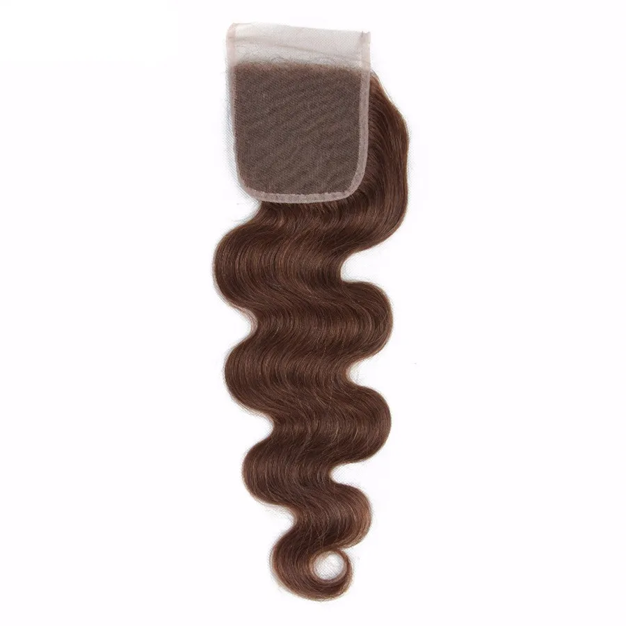 8A Humano Pacotes cabelo com fecho Virgem Cabelo brasileiro com fecho de onda do corpo # 4 Brown Pacotes de cabelo com a Swiss Lace Closures