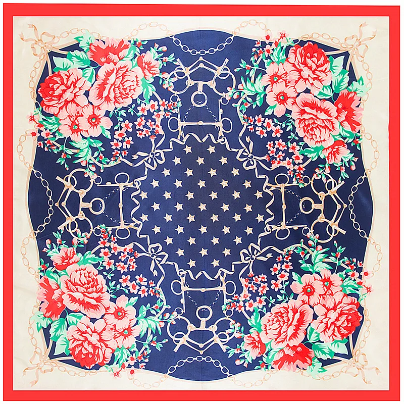 90X90cm Spring Silk Square Schal Frauen Spanien Floral Chain Print Foulard SchalsWraps Hijab Bandana Office Lady Halstuch