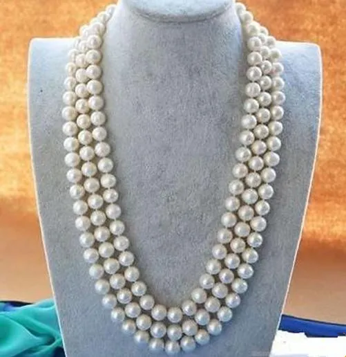 Elegant 8-9mm Vit Akoya Pearl Halsband Lång 49 INCHE 925 Silverlås