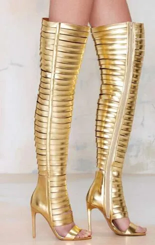 2018 Fashion Women Booties Knee High Gladiator Boots Slim Gold Boots Women Open Toe Thigh High Boots Thin Heel From 194 12 DHgate