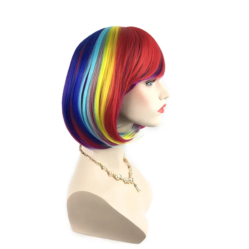 Parrucca Bob sintetica arcobaleno colorato di alta qualità diretta in fabbrica Capelli lisci resistenti al calore Parte centrale Parrucche per feste Cosplay 12 pollici