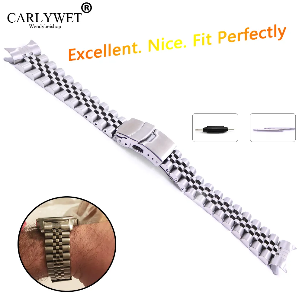 22mm Creux Extrémité Incurvée Solide Vis Liens En Acier Inoxydable Argent Bracelet De Montre Bracelet Style Ancien Jubilé Bracelet Double Poussoir Fermoir