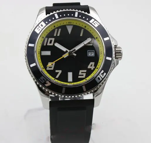 Горячий продавец мужские часы Автоматические часы для мужчин Черный циферблат резиновый ремешок Супер-океан Механические часы керамические Montre Homme
