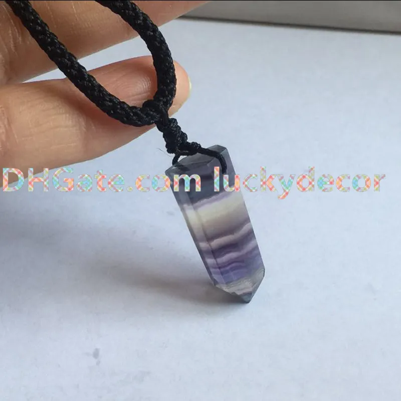 Polished Rainbow Fluorite Necklace Genuine Natural Gemstone Rock Crystal Hexagonal Pointed Reiki Chakra Stone Pendant Rope Necklace Jewelry