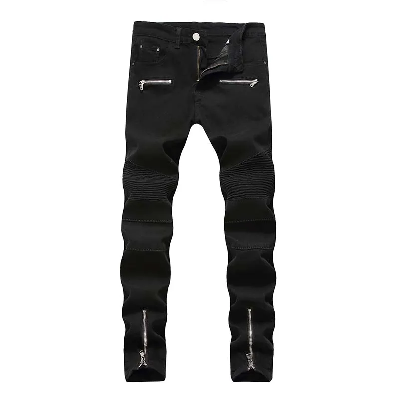 Nouveaux hommes jean décontracté Biker jean Denim pantalon fendu Joint côté fermeture éclair flexion à la mode Straight234C