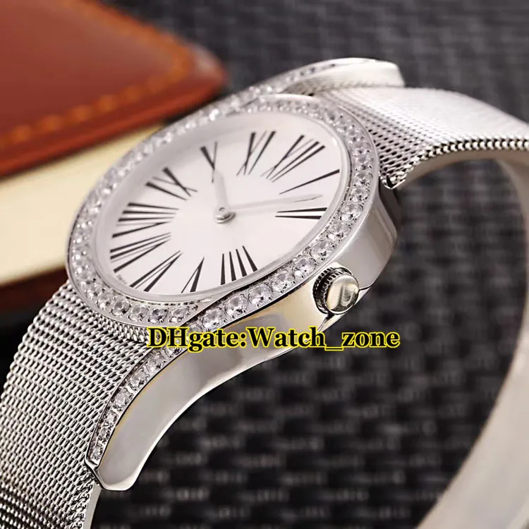 Limelight Gala 32 mm G0A41212 Cadran blanc Montre à quartz suisse pour femme Lunette en diamant Verre saphir Argent Acier Bracelet en maille Lady New Wat261r