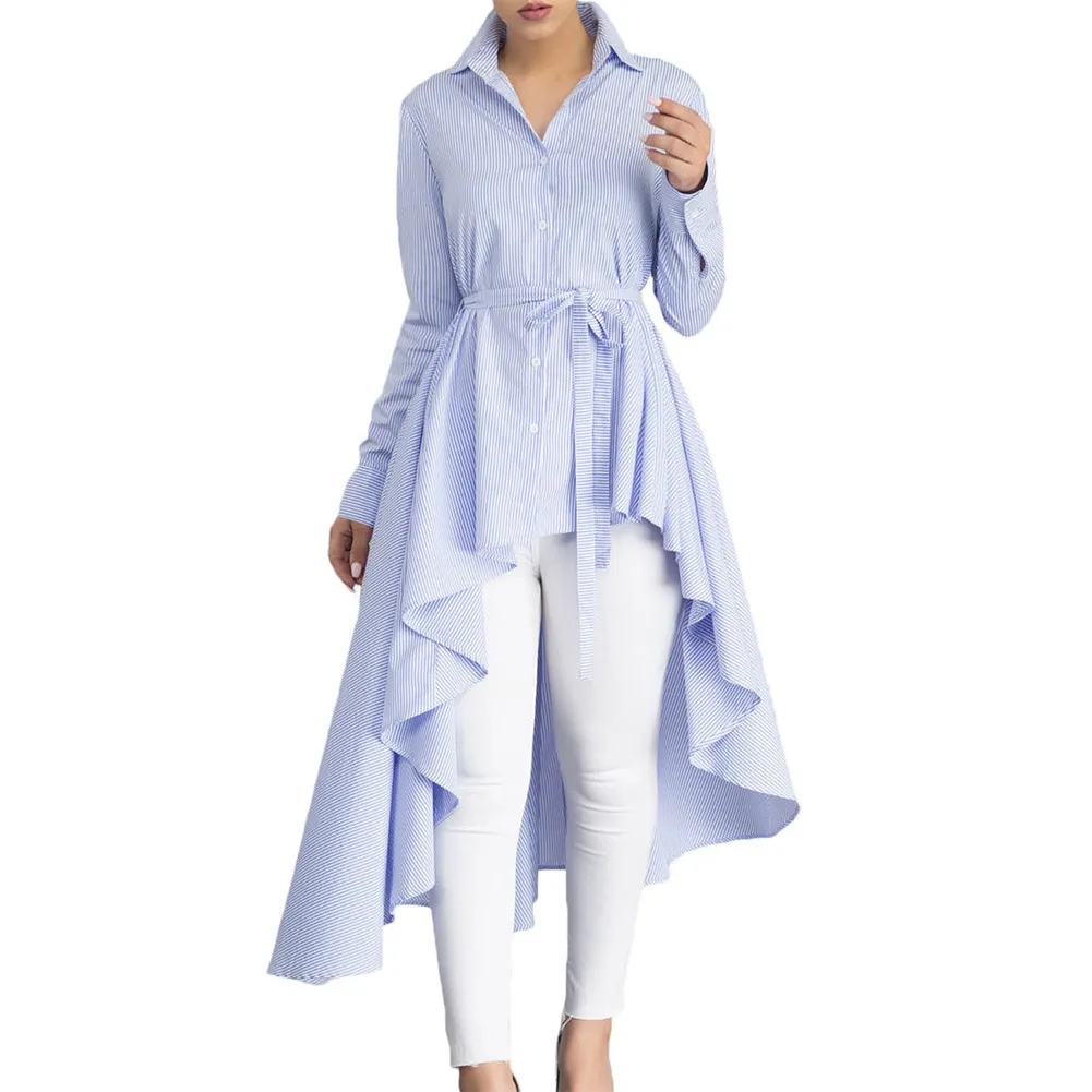 New Fashion Womens Stripe Blouse Kurta Shirt Long Sleeve Lapel