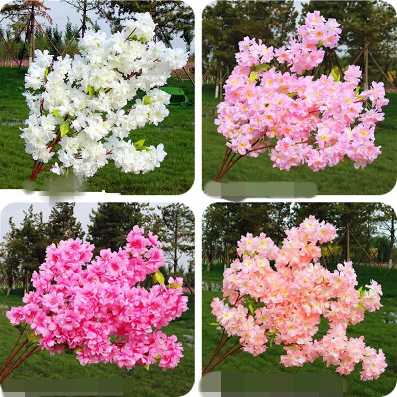 Fake Waterfall Cherry Blossom Flower Branch Begonia Sakura Tree Stem with Green Leaf 108cm for Artificial Decorative Flowers