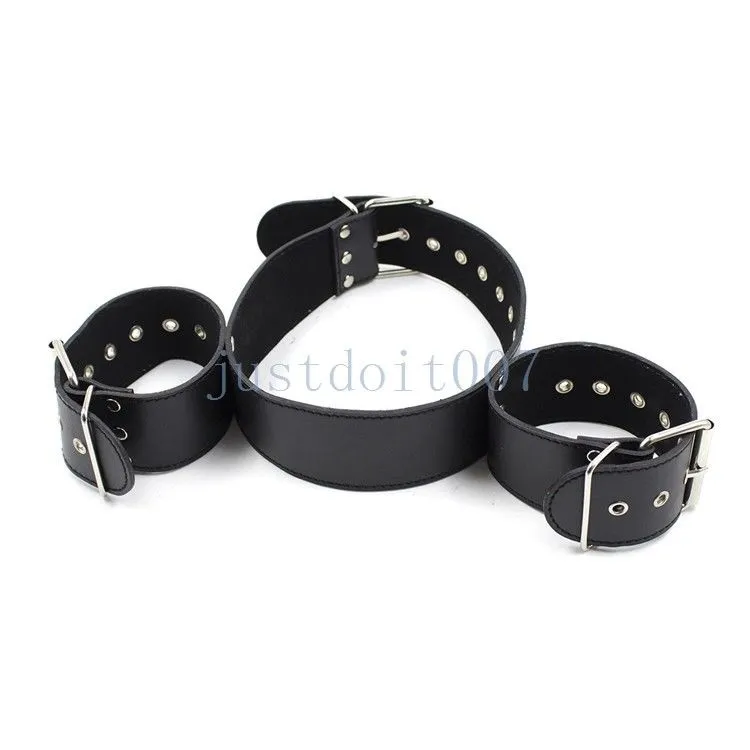 Bondage Leather WRIST NECK Collar Cuffs Restraints Necklace slave Handcuffs role play #T87