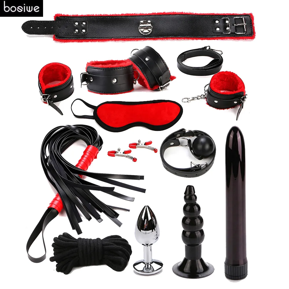 Bosiwe Set Esaret Vibratör Anal Oyuncak Fetiş Kadın Seks Oyuncakları Çiftler için PU Deri Kelepçe Göz Maskesi Ağız Gag Erotik Oyuncaklar S924