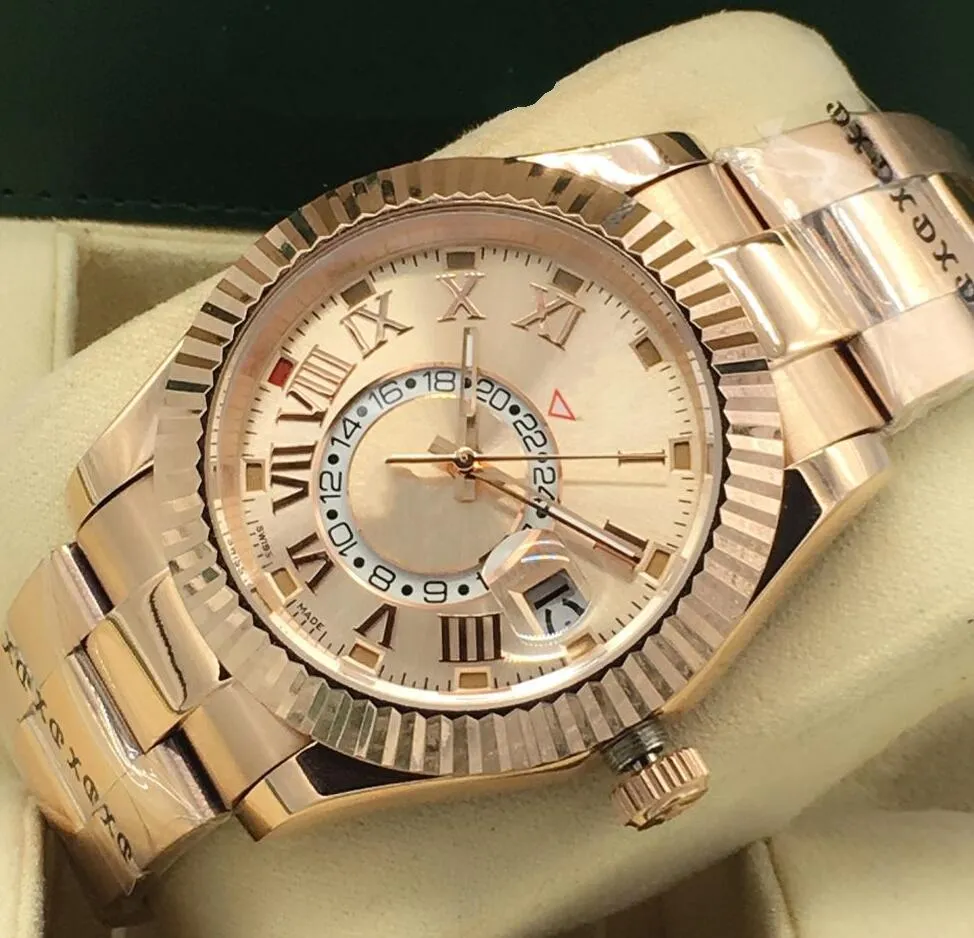 Reloj de lujo de alta calidad Sky Dweller 18k Pulsera de oro rosa Esfera de oro 326935 Relojes mecánicos automáticos para hombre Roman digital306t