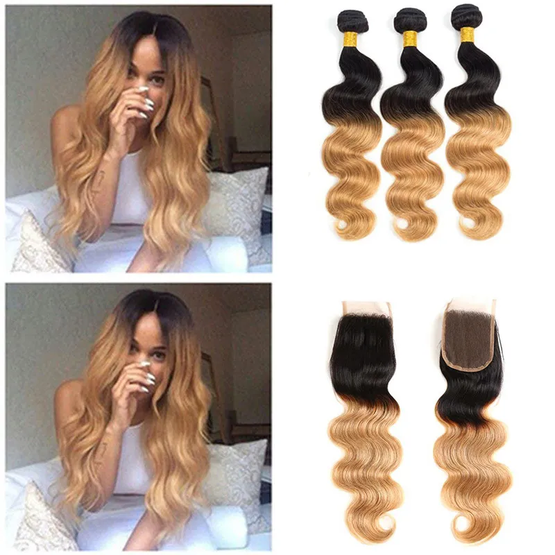 Malaysiska Ombre Human Hair Weave 3 buntar med stängning 1b / 27 # Dark Blonde Body Wave Virgin Hair Extensions With Lace Closure