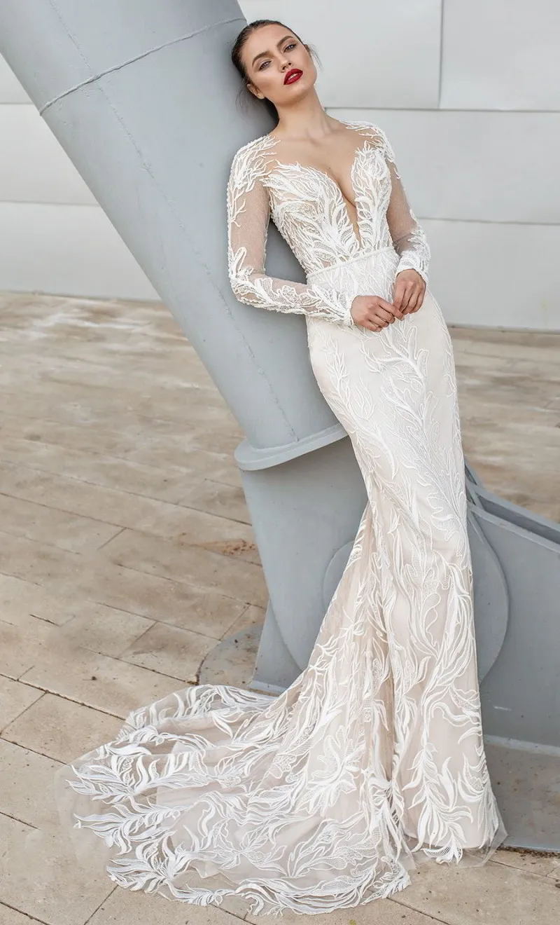 Abiti da sposa Riki Dalal 2022 Primavera manica lunga in pizzo con perline Sweep Train senza spalline Abiti da sposa248z