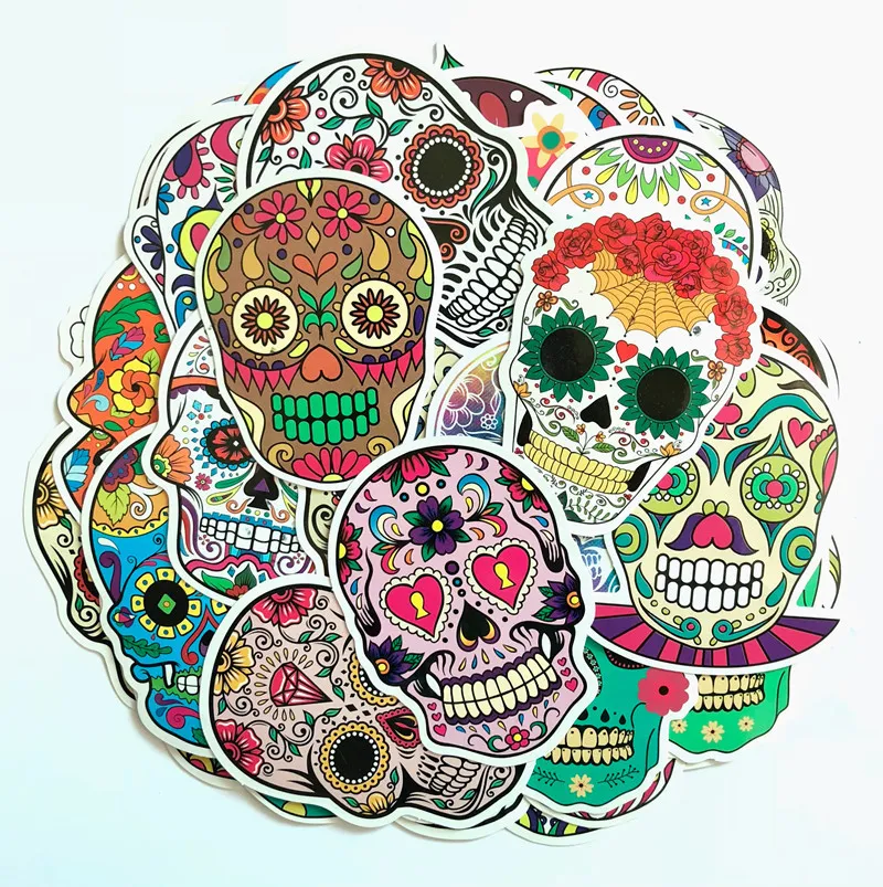 50Pcs-Pack Colorful Skull Halloween Vinyl Sticker Waterproof Stickers for Bottle Laptops Car Planner Scrapbook Phone Macbook Wardrobe Wall Door Organizer Decal