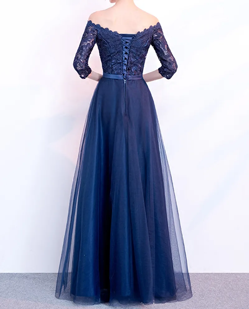 Elegant Navy Blue Evening Dress Strapless Half Sleeves Pleats Tulle ...