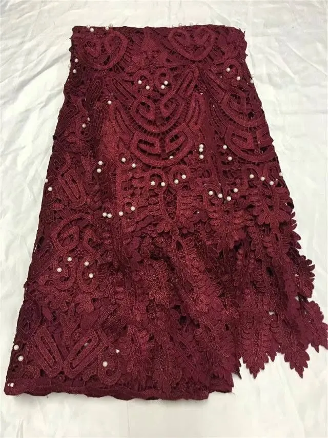 5Yards/pc Wonderful wine french guipure lace fabric embroidery african water soluble lace with beads for dress QW31