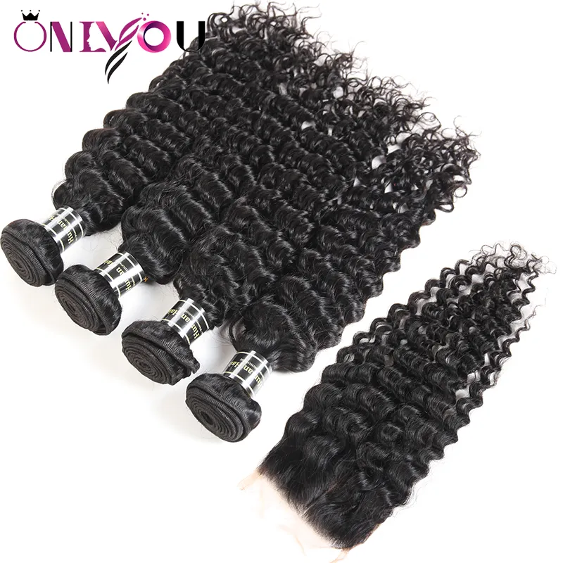 Brésilien Vierge 4 Bundles Droite Corps Vague Profonde Crépus Bouclés Armure de Cheveux Humains 4 Bundles avec Fermeture 13x4 Dentelle Frontale Oreille à Oreille