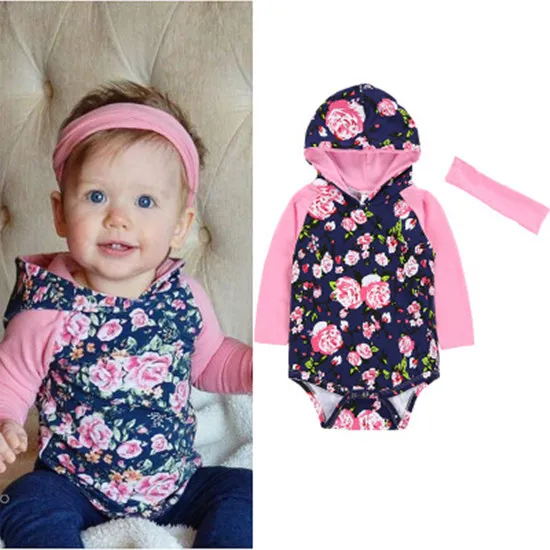 Nieuwste babykleding lente herfst pasgeboren baby meisje kleding bloem prints hooded romper jumpsuit + hoofdband 2 stks set outfit