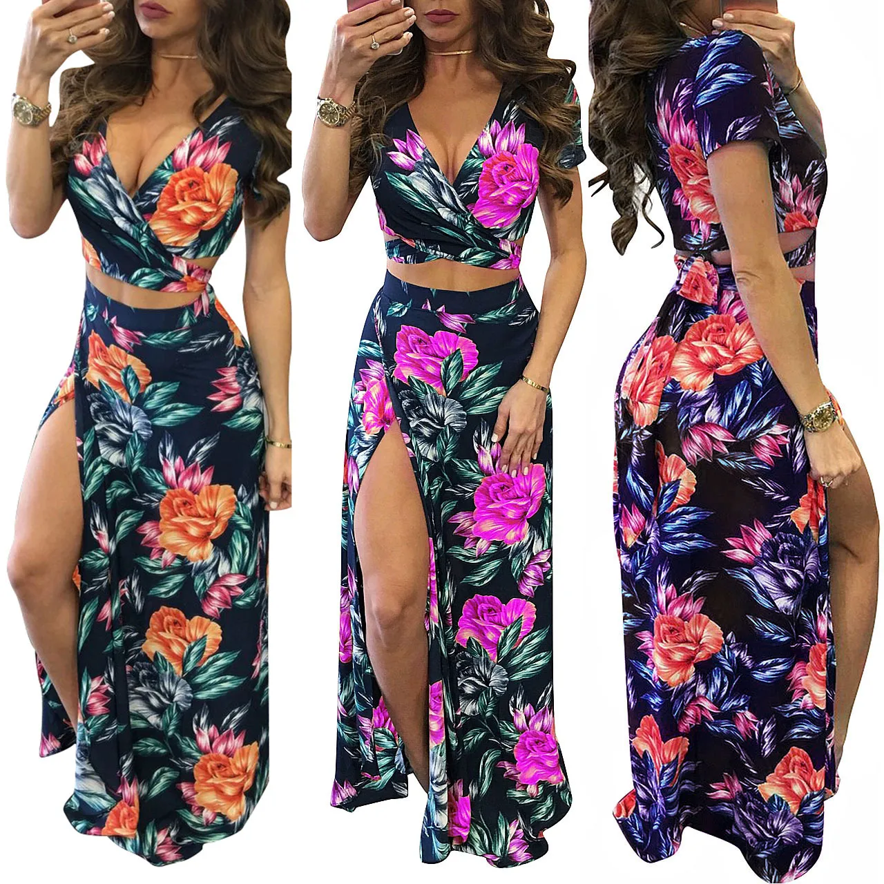 Vrouwen Zomer Floral Hoge Spleet Lange Jurk Gedrukt Maxi Strand Jurk Vrouwelijke Crop Top Twee Stuk Set Sundress Vestidos