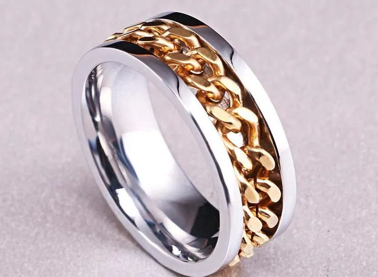 Anillo circular de cadena de acero inoxidable para hombres, joyería de moda, anillos de banda clásicos en negro/oro/blanco. Tamaño: tamaño de EE. UU. 7/8/9/10/11/12