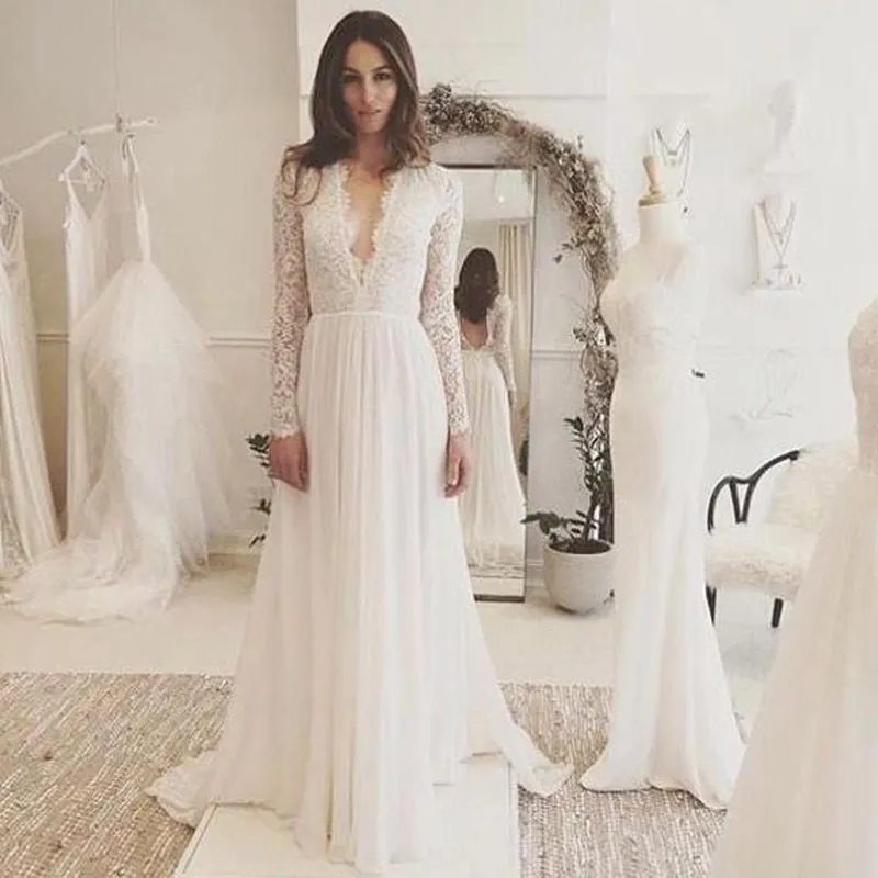 Elegante abito da sposa da spiaggia a maniche lunghe con scollo a V e applicazioni in pizzo senza schienale lungo abito da sposa Boho Vestido De Novia