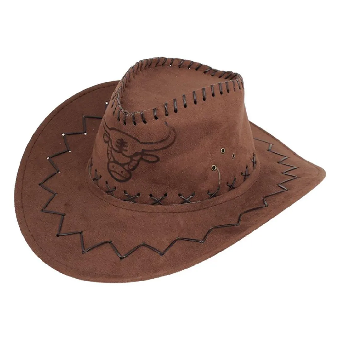 Men Flannel Strap Winding Cow Head Pattern Faux Suede Cowboy Hat Brown