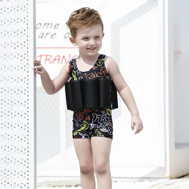 2018 nouveaux garçons Cool rayé couleur unie maillot de bain une pièce de flottabilité avec 8 cotons-tiges de flottabilité amovibles maillots de bain pour enfants maillots de bain pour bébé