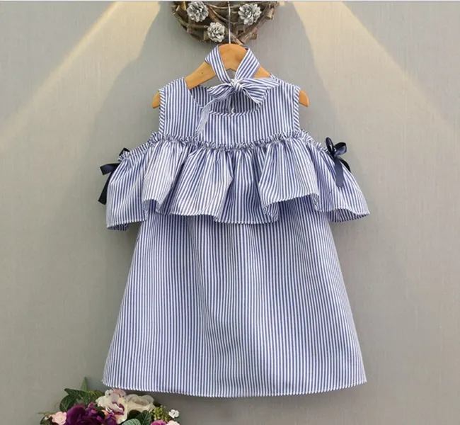 Verão crianças baby girl sem mangas vestido listrado bonito impressão listrado vestido de saia com headband 2 pcs criança crianças roupas de meninas do bebê