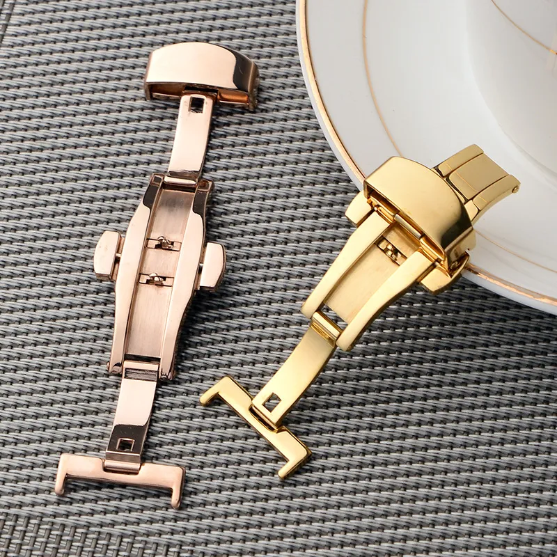 Universal stainless steel Watch Band Push Button Hidden Clasp Butterfly Pattern Deployant Buckle solid Double press