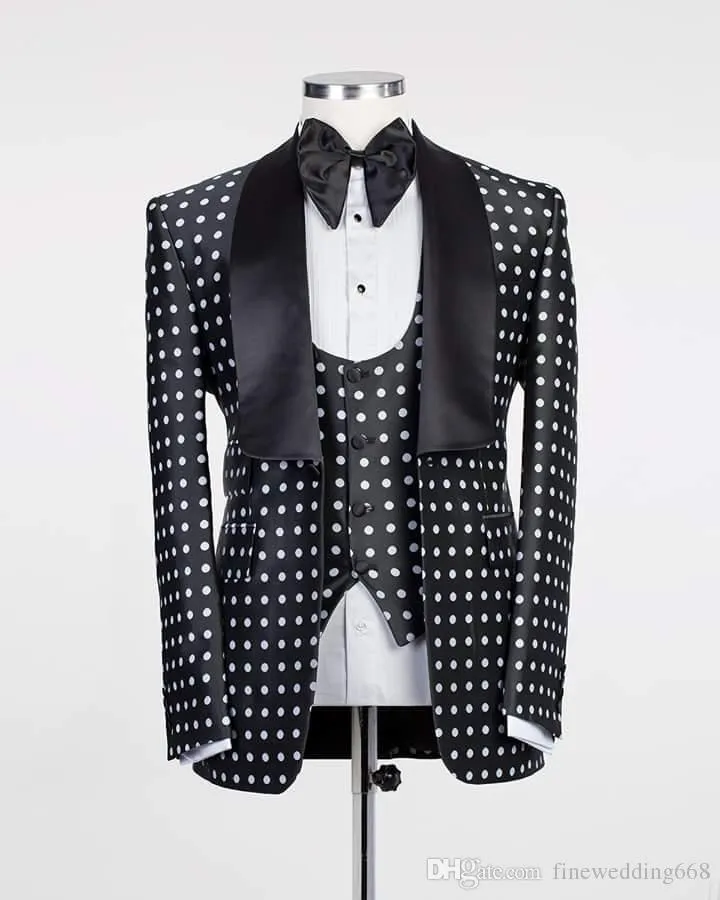 Black Dots Groom Tuxedos Shawl Lapel Slim Fit Groomsmen Mens Wedding Dress Fashion Man Jacket Blazer Business Suit(Jacket+Pants+Vest+Tie)688