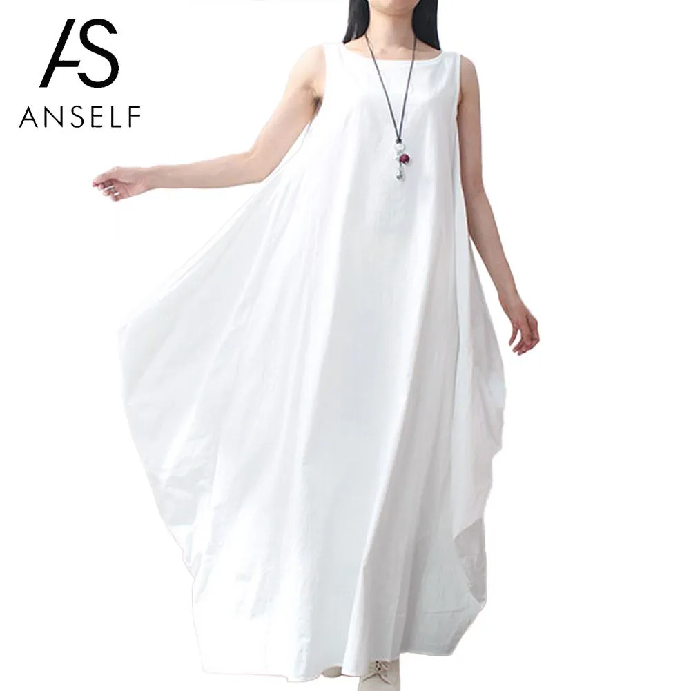 Anself WinDe Bomull Linne Klänning Ärmlös 4XL 5XL Plus Storlek Maxi Lång Klänning Fickor Solid Loose Summer Sundress Vit / Röd / Svart