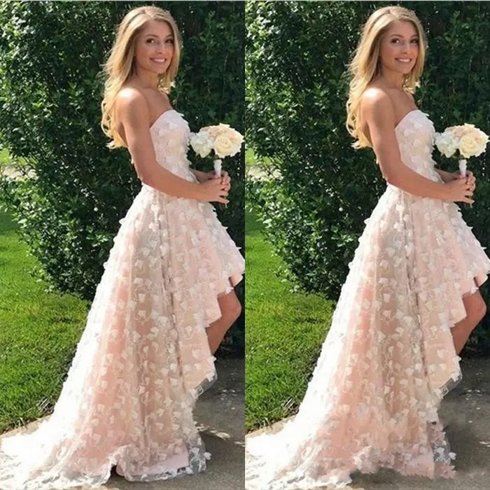 New Sexy Garden Beach Blush Pink A Line Dresses Strapless Hi-Lo Tulle Handmade Flowers Sleeveless Backless Wedding Bridal Gowns