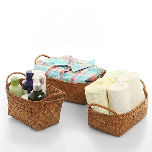 Handwoven Seagrass Nesting Storage Baskets, Double Handled Stacking Organizer Bins, Set of 3