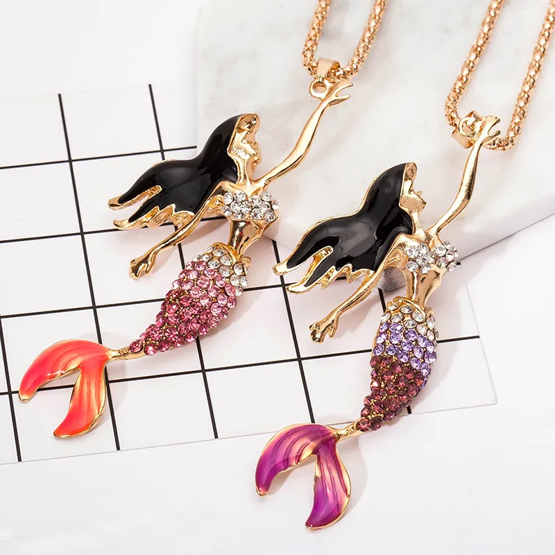 HOT Luxury Enamel Crystal necklace Fashion Bohemian Long Sweater chain flasher Mermaid Necklaces Pendants with Rhinestone For Women