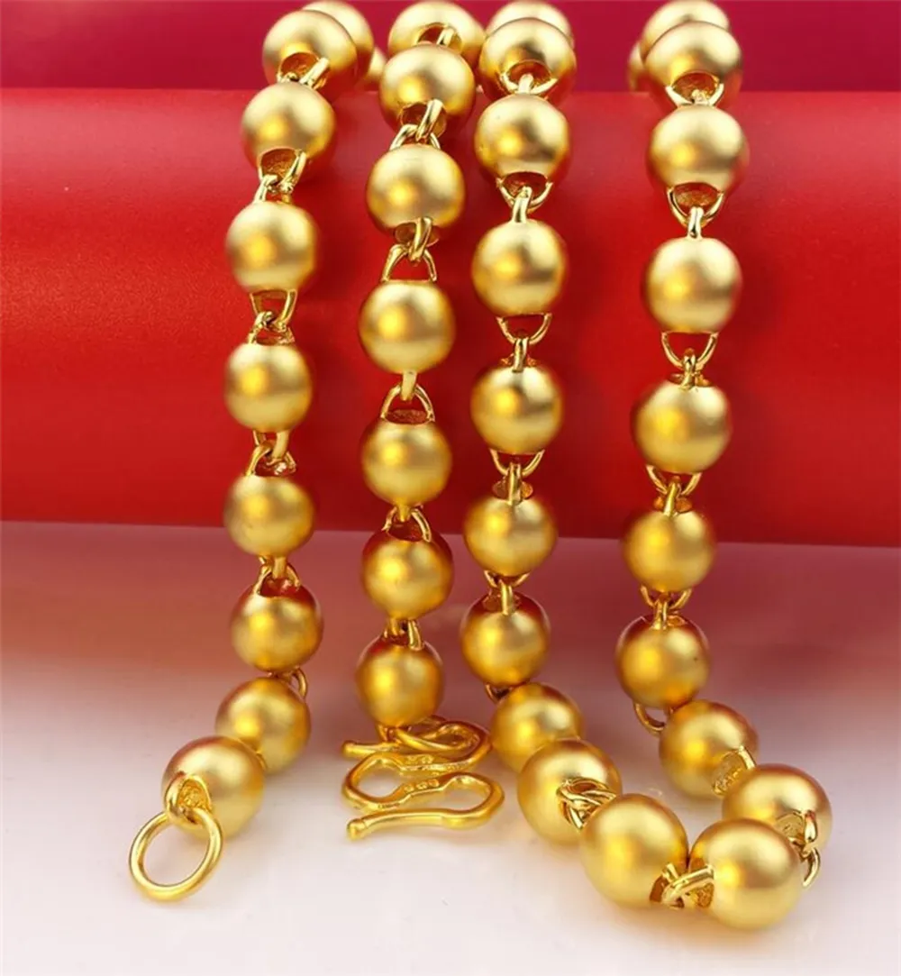 6mm Wide Buddha Beads Necklace 18k Yellow Gold Filled 24" Fashion Long Chain Necklace for Men and Women