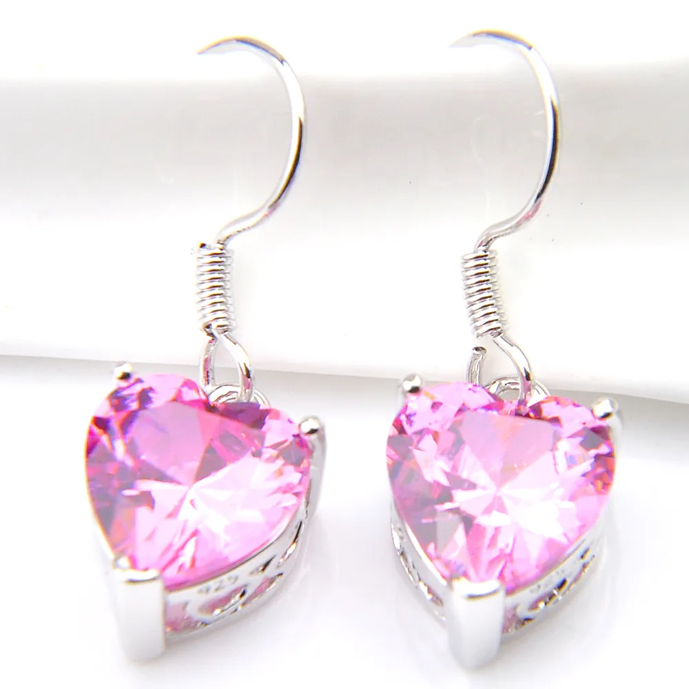 LuckyShine mode femmes boucle d'oreille rose Kunzite gemmes amour coeur Cz Zircon 925 cadeau de mariage balancent bijoux conceptions es