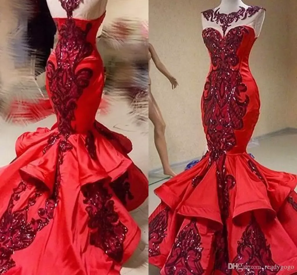 Lantejoulas Red Prom Aplique Mermaid Ruffles 2019 Vestidos de concurso de joias brilhantes