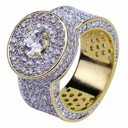 18 carati Cluster piantato oro di Hip Hop di cristallo tagliato CZ ghiacciato fuori anelli per gli uomini le donne di Bling Bling Ring