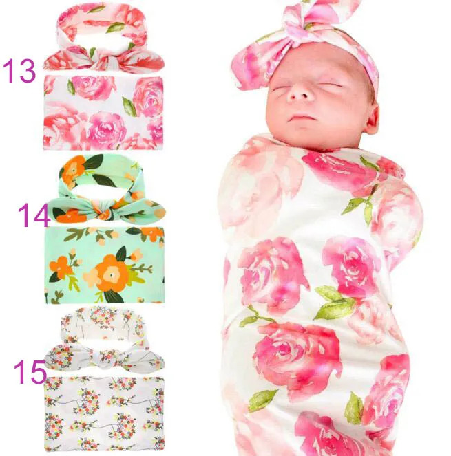 15 stili Bambini Mussola Swaddles Ins Wraps Coperte Nursery Bedding Neonato Cotone organico Ins Stampa floreale Swaddle + Fascia due pezzi