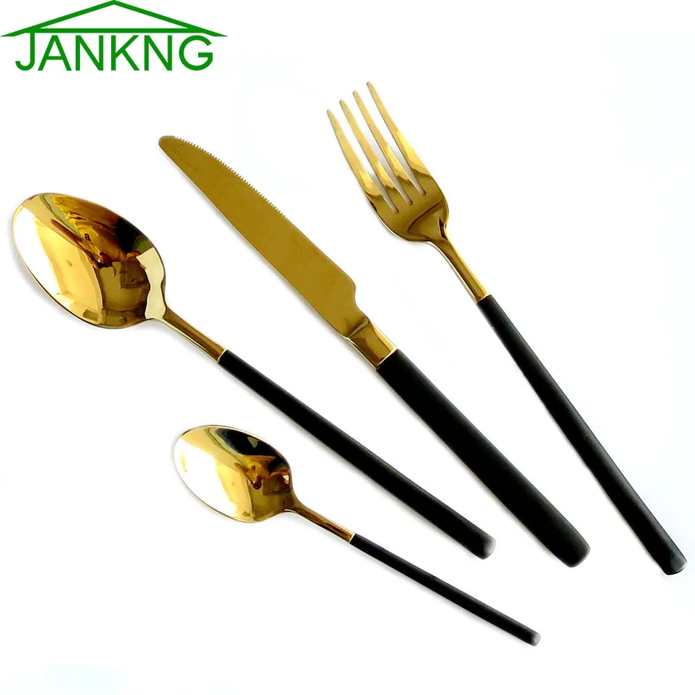 Jankng 4pcs / set 24k guld bestick set rostfritt stål dinnerware svart handtag porslin dinner polering dinnerware set för 1