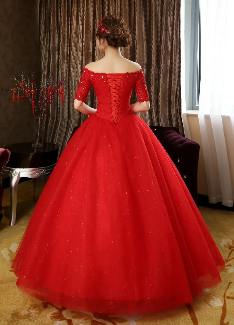 Livraison gratuite 2018 New Desing Demi Manches Rouge Blanc Robes De Mariée Princesse Dentelle Sexe Robes De Mariée Qualité Robes De Mariage