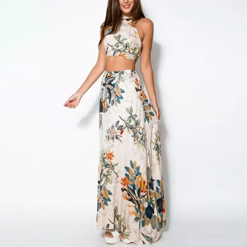 Summer Women Bandage Floral Casual Beach Dress Crop Top+Long Skirt 2 Pcs SetYRD