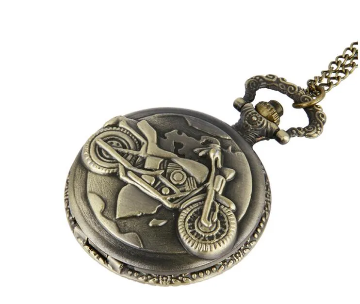 Wholesale 3Colors 100pcs/lot Quartz watches Chain Bronze Motorcycle pocket watches PW038