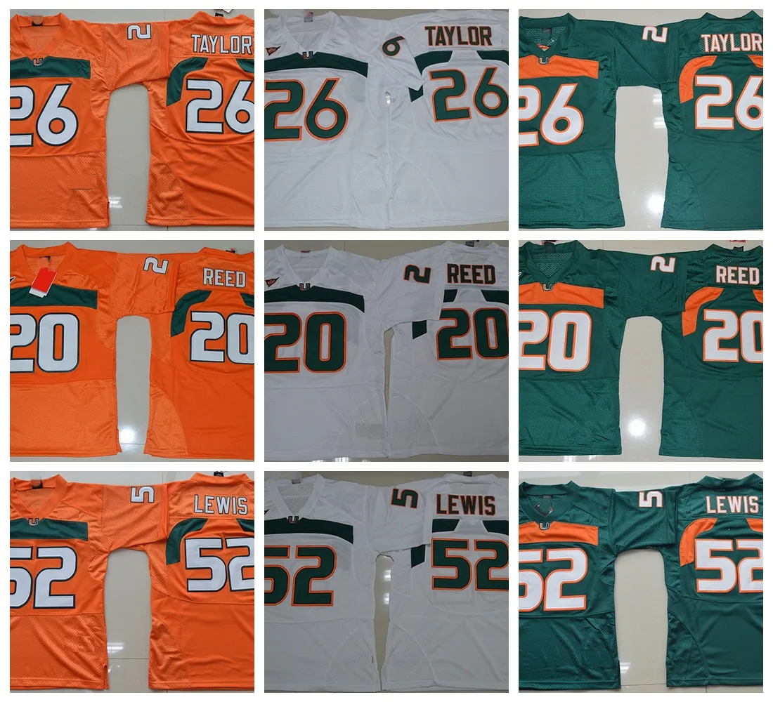 MI08 Vintage Miami Hurricanes College Football Jerseys Green 26 Шон Тейлор 52 Рэй Льюис Р.Льюис 20 Эд Рид Университетские рубашки Оранжевый белый S-XXXL