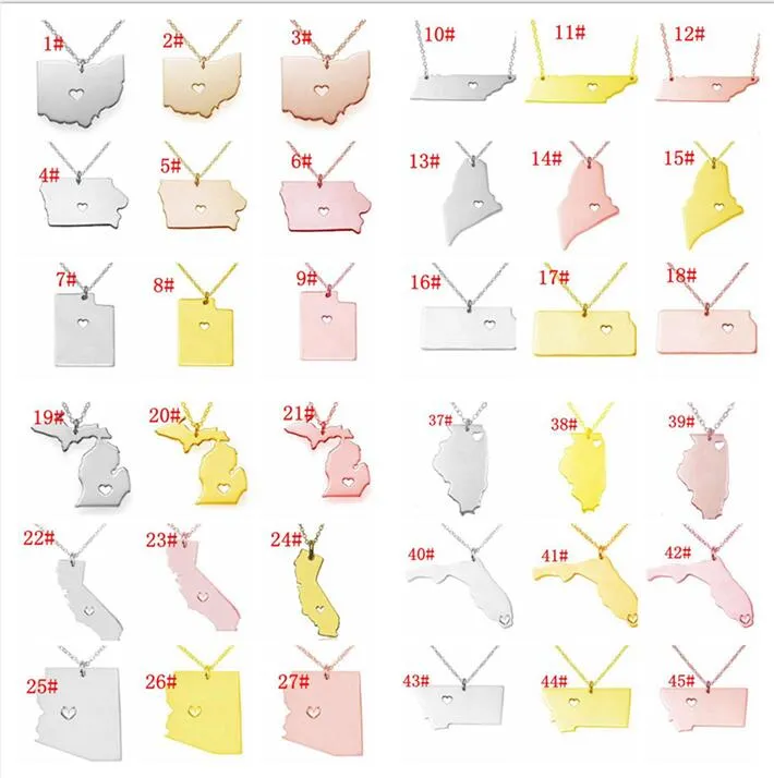 MULHERES de Aço Inoxidável Jóias EUA mapa colar eua estado colares Pingente de Colar de Coração Charme Mapa Colares de Jóias 60 design