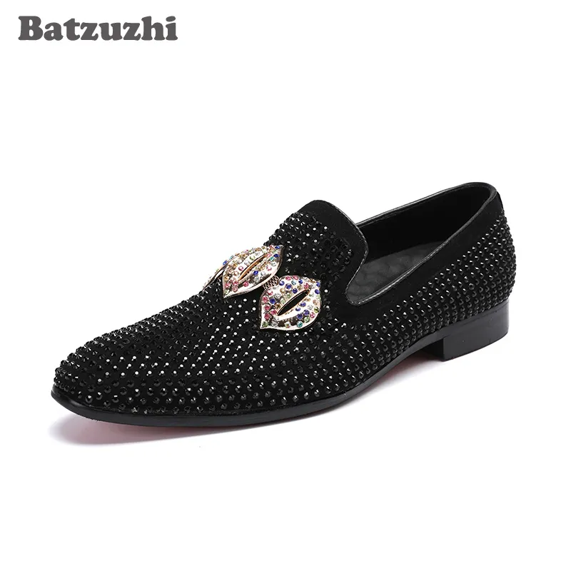 Горячая новая итальянская модель Мужская обувь черный кожаный платье обувь скольжения на острым носом стразами партия Красный Мужская обувь WeddingBig размеры EU38 до 4