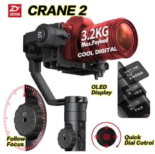 Stabilisatorer Zhi Yun Zhiyun Official Crane 2 3-axelkamera Stabilisator för alla modeller av DSLR-spegelfri kamera Canon 5D2/5D3/5D4