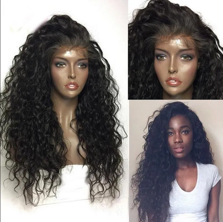 Human Virgin Remy Brasileño Suave Cordón Delantero Del Cordón Encaje Completo Pelucas Rizadas 130% Desnity Color Negro Natural Para Mujeres Negras