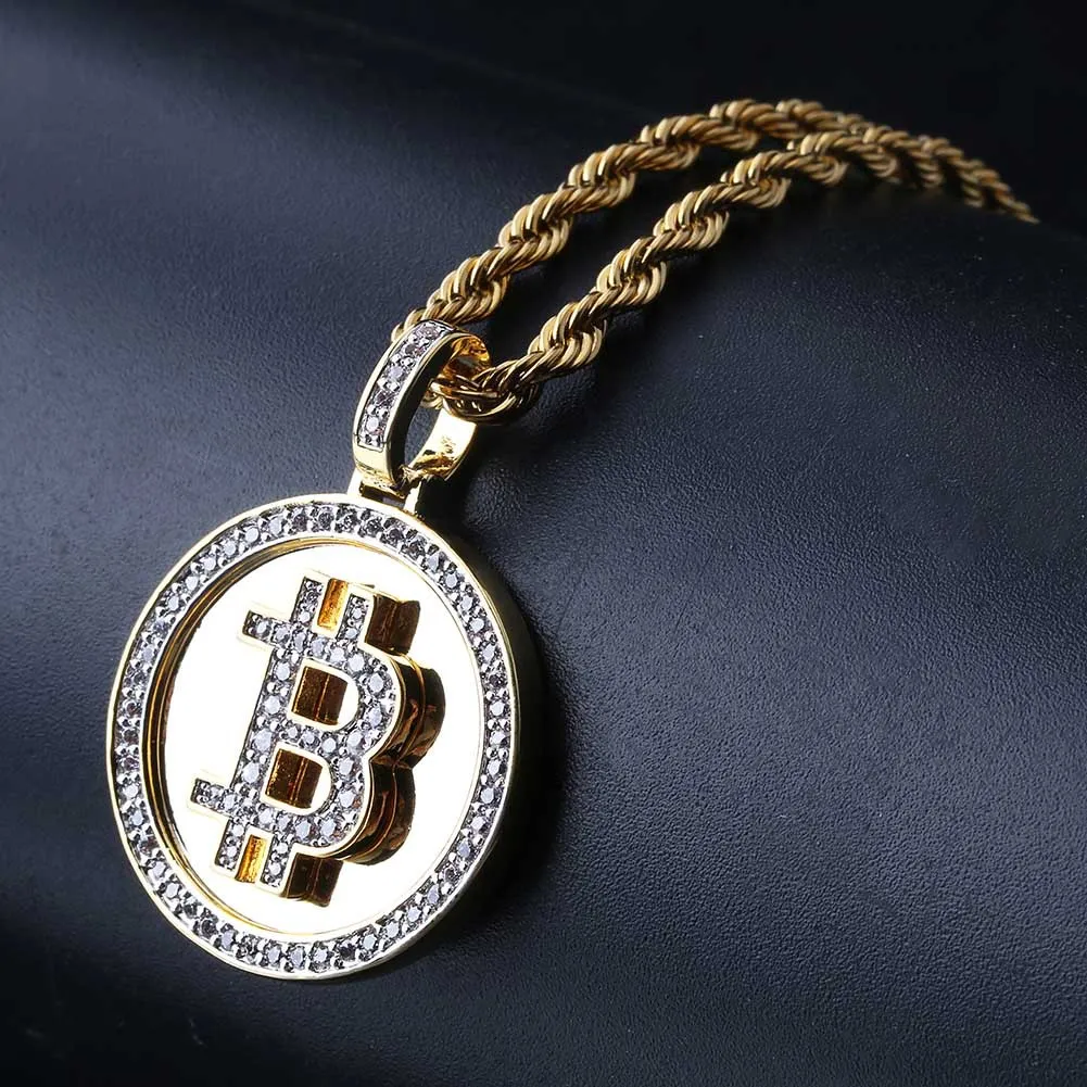 Hip Hop Iced Out Gold Färgpläterad Bitcoin Pendant Halsband Micro Pave Zircon med 60cm repkedja