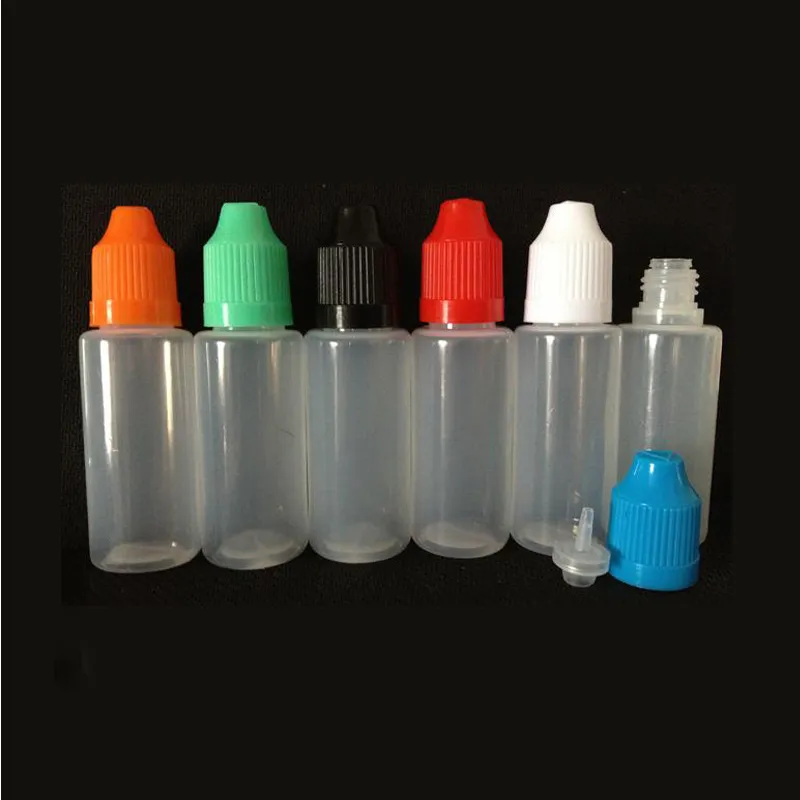 PE droppflaskor 3ml 5ml 15ml 20 ml 30ml 50 ml nålflaska med färg barnsäker keps skarp droppspets plast Eliquid
